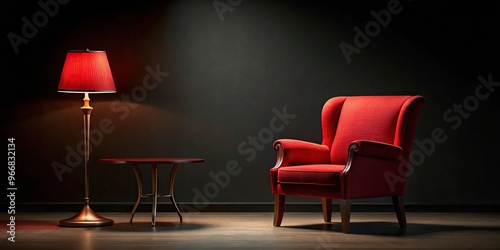 Red chair and table with lamp in tilted angle on black background