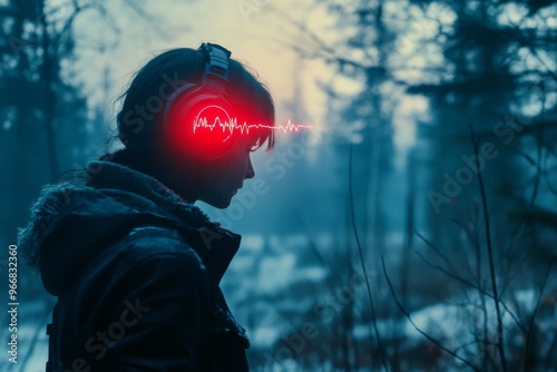 Cognitive harmonics quantum brain function and electrochemical resonance futuristic portrait of a man with glowing red digital symbols representing technology identity and digital transformation