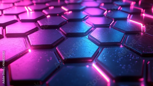 A Close-up of a Shiny Hexagonal Surface Illuminated with Pink and Blue Lights