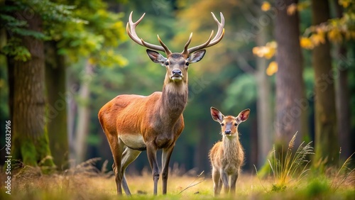 Red deer hind and stag with fawn walking through a wooded area