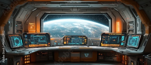 Futuristic Spaceship Interior with Earth View Through Window