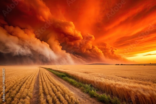 Red dust storm with orange sky over wheat field ominous sand storm background leading lines