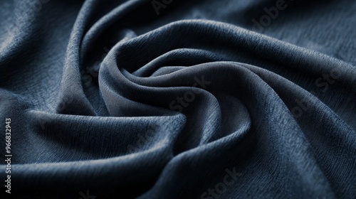 Elegant close-up of soft, dark blue fabric with folds and textures, showcasing luxurious material for fashion or interior design.