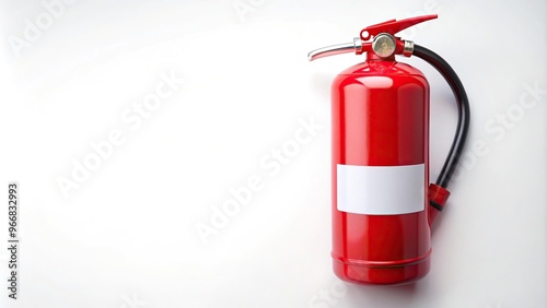 Red fire extinguisher with white label isolated on white background from high angle photo