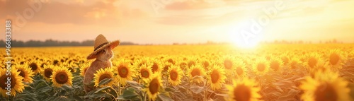 Rabbit in a straw hat sitting among sunflowers during a golden sunset in a vast field representing peaceful countryside and summer joy