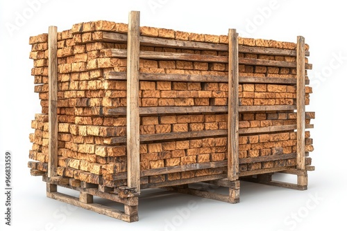 Stacked bricks secured on a wooden pallet photo