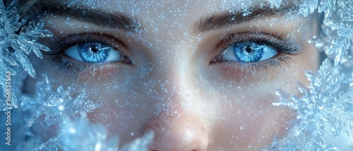 Close-up of Blue Eyes Framed by Delicate Ice Crystals