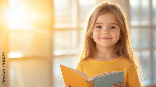 Happy Little Girl Reading Book in Sunlit Room