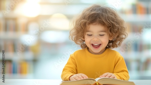 Happy Child Reading Book in Library