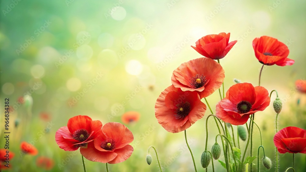 Obraz premium Red poppy flowers with blossom on a pale green backdrop