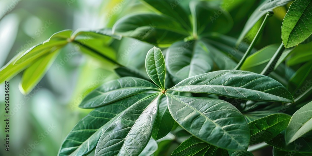 Close-up view of lush foliage on a Money Tree plant. Close-up view of lush foliage on a Money Tree plant.