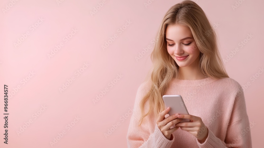Beautiful Woman Using Smartphone on Pink Background