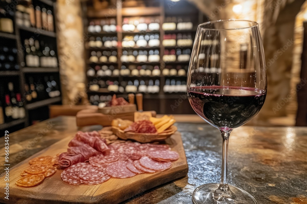 A beautifully arranged charcuterie board with a glass of red wine in a cozy wine cellar. A beautifully arranged charcuterie board with a glass of red wine in a cozy wine cellar.