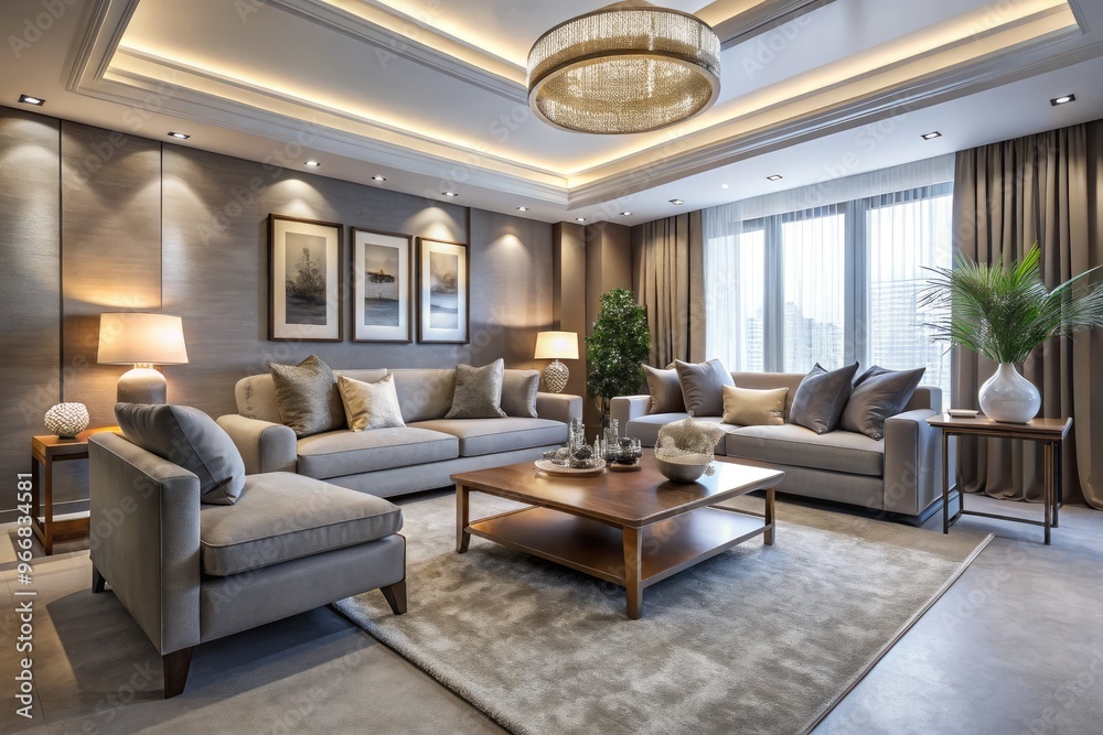 Modern living room with plush beige carpet, sleek grey walls, and beautifully arranged furniture in a harmonious blend of comfort and contemporary elegance. Modern living room with plush beige carpet, sleek grey walls, and beautifully arranged furniture in a harmonious blend of comfort and contemporary elegance.