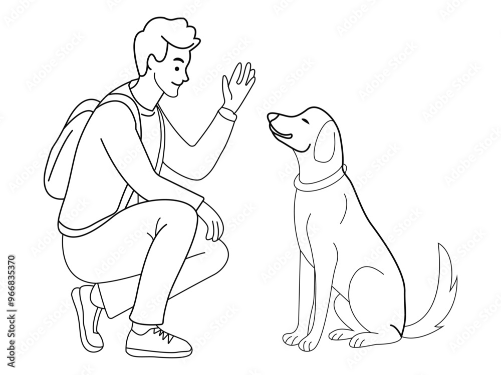 Man highfiving dog in line art drawing style pet and people friendship Man highfiving dog in line art drawing style pet and people friendship