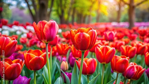 red tulips in full bloom with colorful flower garden in background
