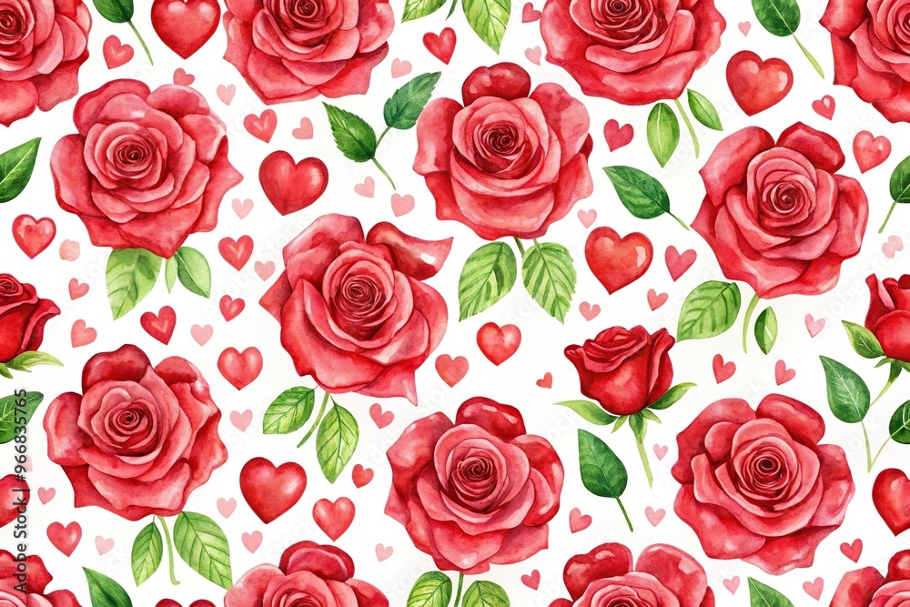 Red watercolor roses and hearts seamless pattern