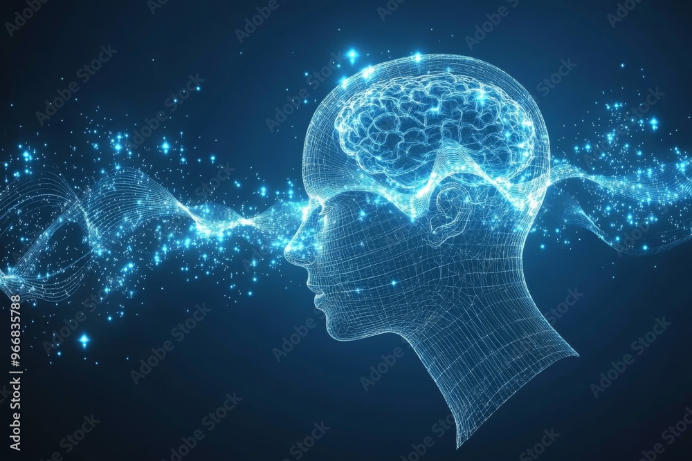 Cognitive resonance synaptic connectivity and neural integration abstract silhouette with blue particles and a glowing brain representing digital consciousness and neural connection Cognitive resonance synaptic connectivity and neural integration abstract silhouette with blue particles and a glowing brain representing digital consciousness and neural connection