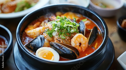 Sundubu Jjigae in Porcelain Bowl with Seafood, Beef, and Jasmine Rice