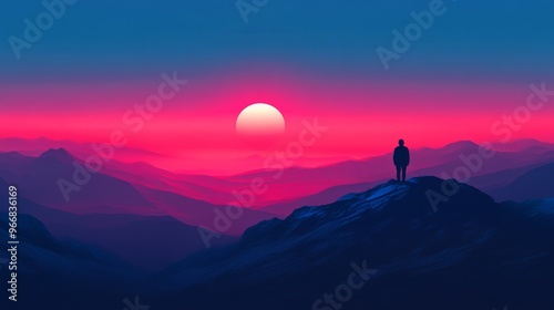 Silhouette of a Person Standing on a Mountain Peak at Sunset