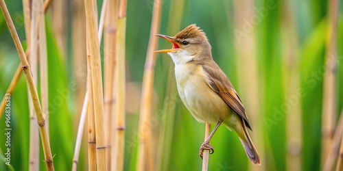 Reed warbler singing on reed in May