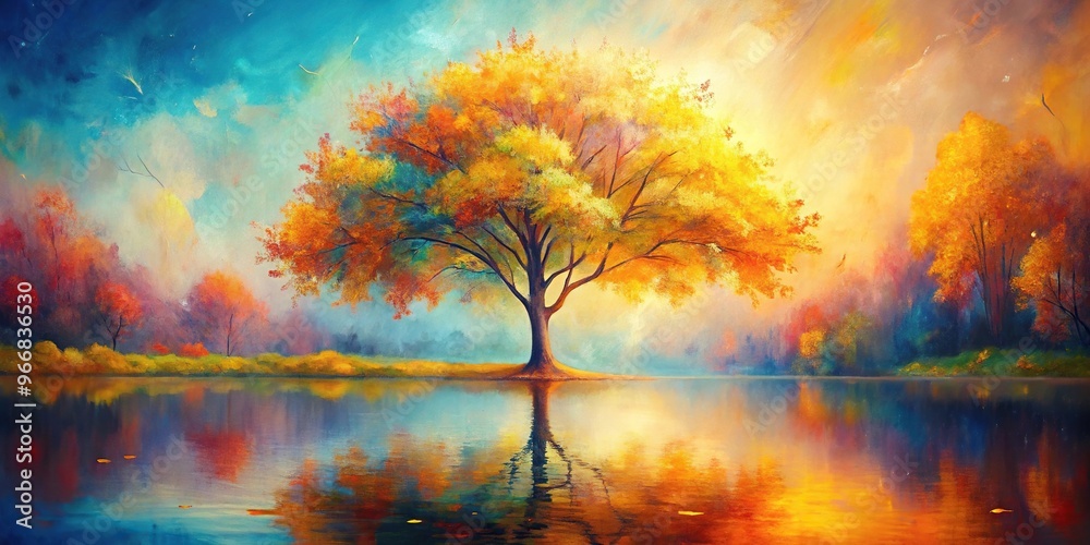 Reflected abstract oil painting of tree with autumn leaves against colorful background Reflected abstract oil painting of tree with autumn leaves against colorful background