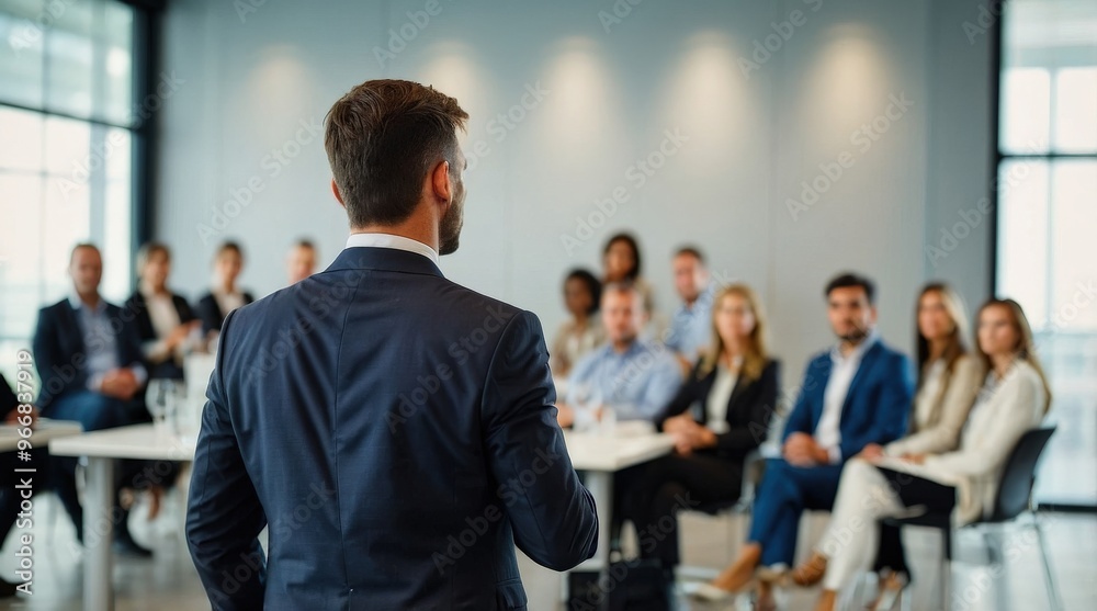 Confident businessman giving a presentation in front of crowd in meeting conference seminar room. Leadership authority teamwork in business concept Confident businessman giving a presentation in front of crowd in meeting conference seminar room. Leadership authority teamwork in business concept