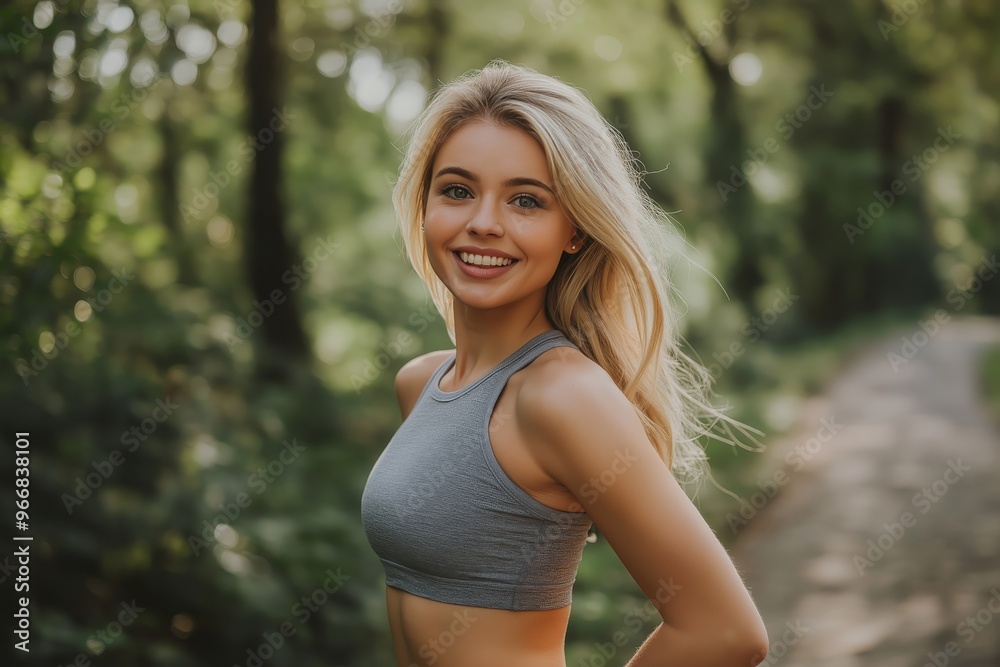 Smiling young blonde woman jogging in a park summer fitness motivation in stylish sportswear Smiling young blonde woman jogging in a park summer fitness motivation in stylish sportswear