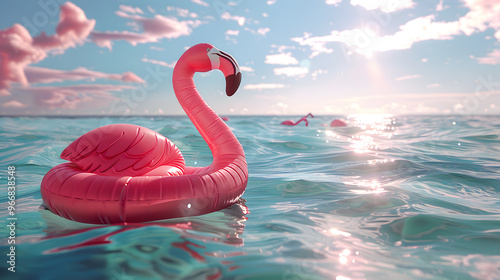 Inflatable flamingo in the pool during summer