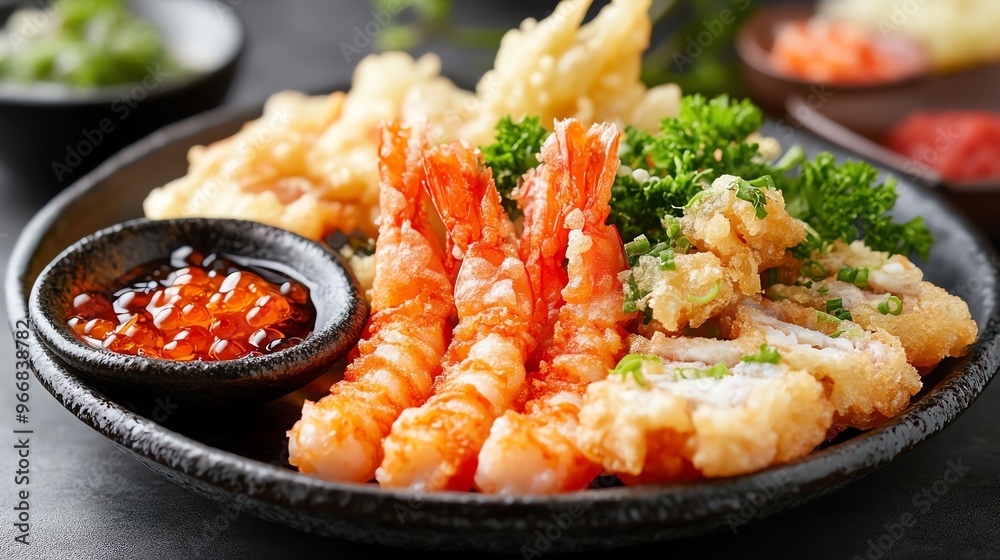 Assorted tempura with a side of dipping sauce, Japanese food, crispy delight Assorted tempura with a side of dipping sauce, Japanese food, crispy delight