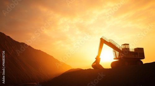 Golden Dawn at the Mining Site: Machinery Bathed in Sunrise Glow photo