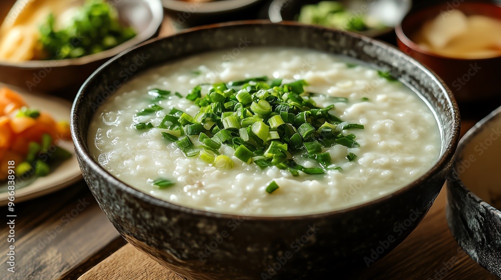 Bowl of Japanese rice porridge okayu with side dishes, Japanese food, comfort meal Bowl of Japanese rice porridge okayu with side dishes, Japanese food, comfort meal