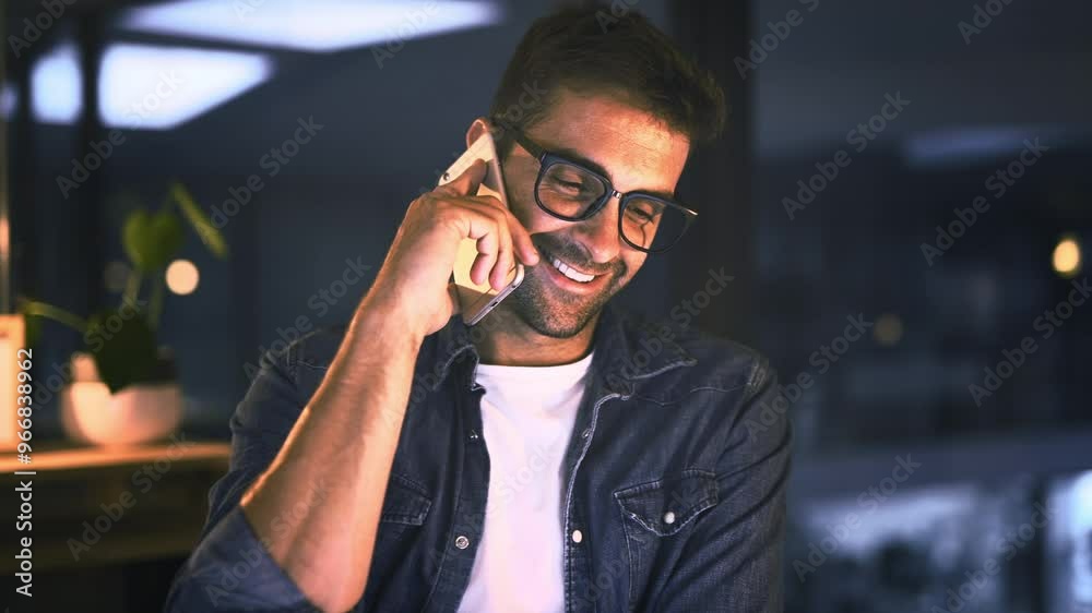 Business man, night phone call and communication for graphic design feedback, contact or networking in office. Happy online designer on laptop and mobile chat, conversation or answer for information