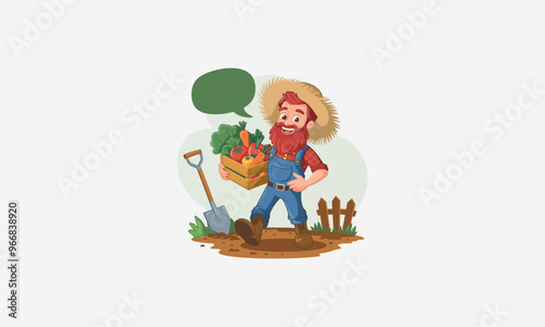 Happy farmer holding vegetable basket, standing with shovel in garden.