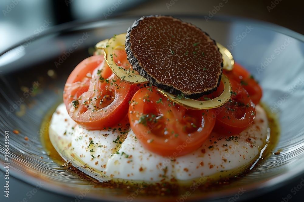 Edible gold and truffle salad with heirloom tomatoes and burrata Edible gold and truffle salad with heirloom tomatoes and burrata