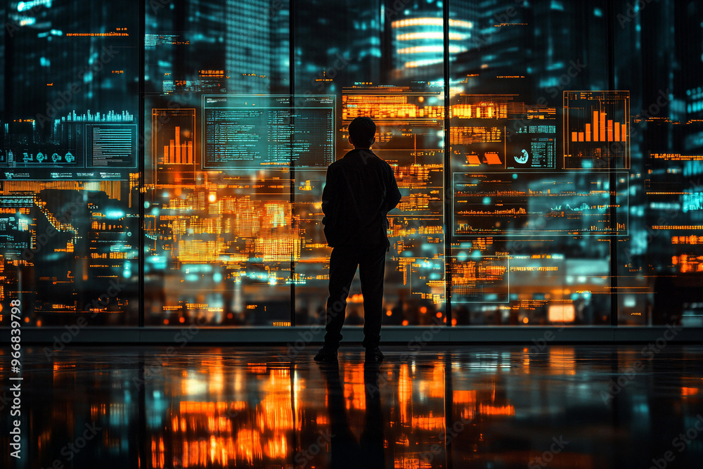 Silhouette man with digital screens showing financial graphs. Silhouette man with digital screens showing financial graphs.