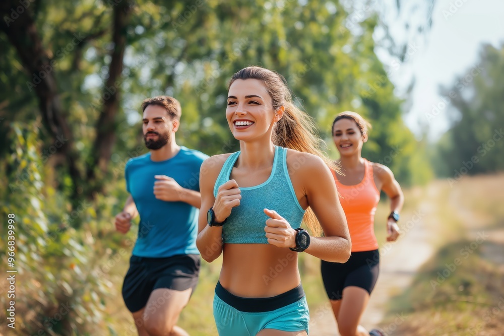 A group of friends engaging in cardio endurance training with fitness watches and motivation A group of friends engaging in cardio endurance training with fitness watches and motivation
