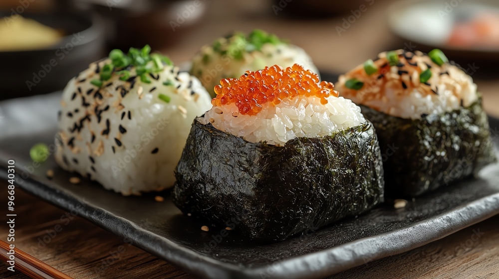 Handcrafted onigiri with different fillings, wrapped in nori, Japanese food, quick snack