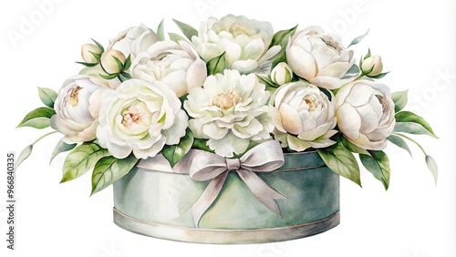 Fototapeta Naklejka Na Ścianę i Meble -  Reflected watercolor hatbox with white peonies on white background