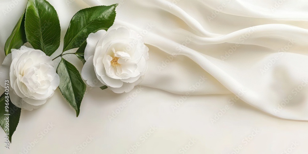 Elegant white flowers on soft fabric background, perfect for invitations or decor. Elegant white flowers on soft fabric background, perfect for invitations or decor.