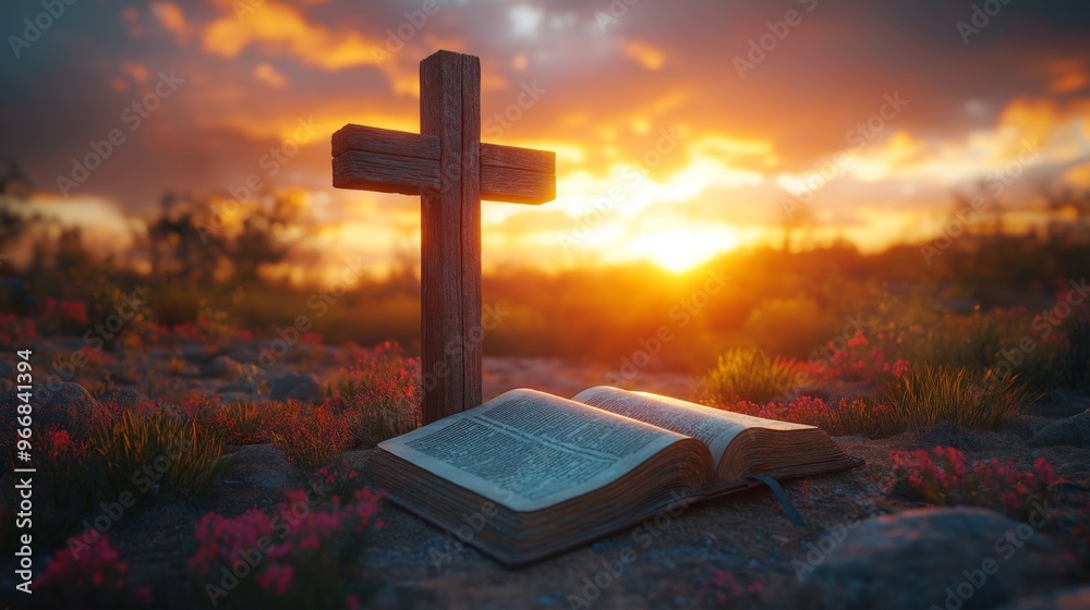 Wooden cross and open Bible in a beautiful sunset field, symbolic of faith and spirituality, with vibrant orange sky in the background Wooden cross and open Bible in a beautiful sunset field, symbolic of faith and spirituality, with vibrant orange sky in the background