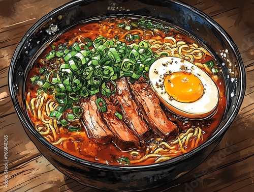 Ramen bowl with rich broth, chashu pork, softboiled egg, and green onions, Japanese food, comforting warmth photo