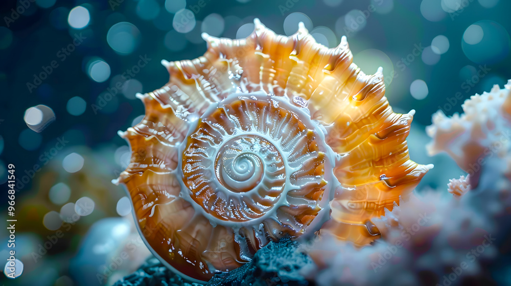 Intricate sea shell with a spiral pattern, displaying the beauty of natures symmetry and design in a vibrant underwater environment Intricate sea shell with a spiral pattern, displaying the beauty of natures symmetry and design in a vibrant underwater environment