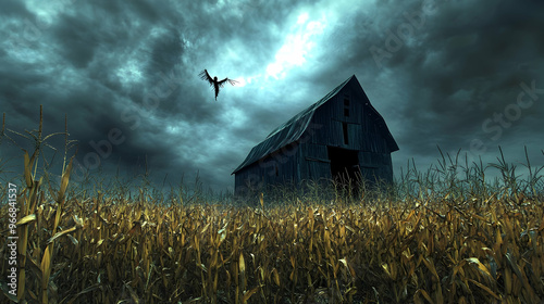 A dilapidated barn in the middle of a cornfield, the stalks rustling in the wind as dark clouds swirl overhead. The silhouette of a scarecrow stands ominously in the distance photo