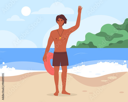 Beach patrol man. Young guy in swimming trunks with inflatable ring stands on sandy beach. Safety in tropical and exotic countries. Lifeguard at coastline. Flat vector illustration