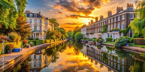 Serene sunset landscape of Maida Vale, a picturesque London neighborhood, with elegant Regency-era houses, tranquil canal, and lush greenery bathed in warm golden light.