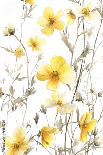 A delicate arrangement of yellow and white flowers on a light background.