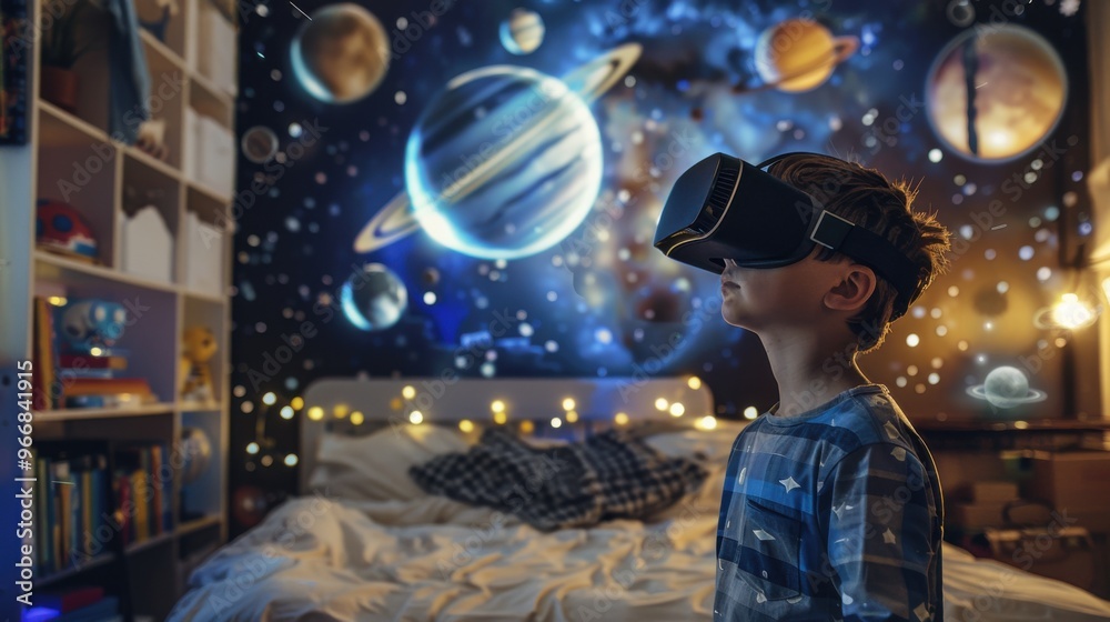 Vr Solar System Boy explores virtual reality solar system - stock photo A boy wears a ...