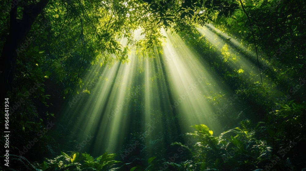 Fototapeta premium Sunlight filtering through the dense canopy of a forest, creating a serene and mystical atmosphere, lush green foliage