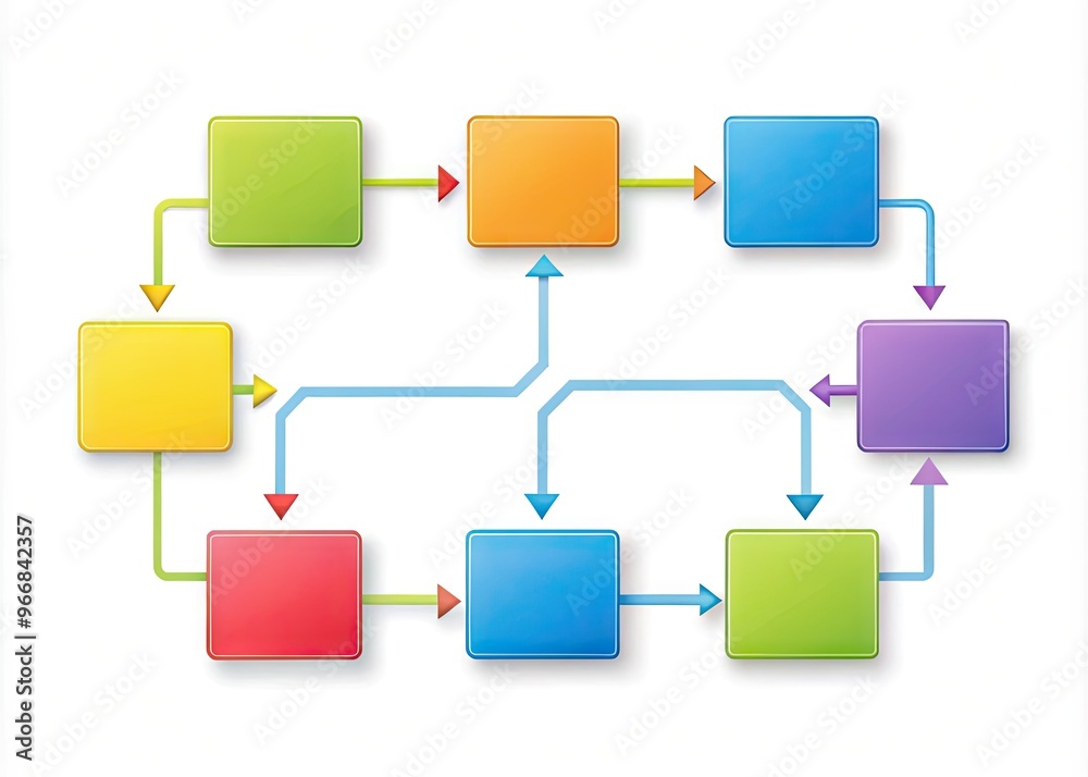 Simple, colorful, and modern flow diagram illustrating steps and processes, with arrows and shapes, on a clean white background, for business and presentation use. Simple, colorful, and modern flow diagram illustrating steps and processes, with arrows and shapes, on a clean white background, for business and presentation use.